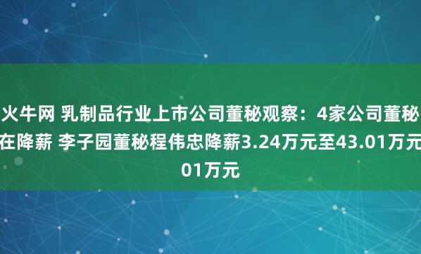 火牛网 乳制品行业上市公司董秘观察：4家公司董秘在降薪 李子园董秘程伟忠降薪3.24万元至43.01万元